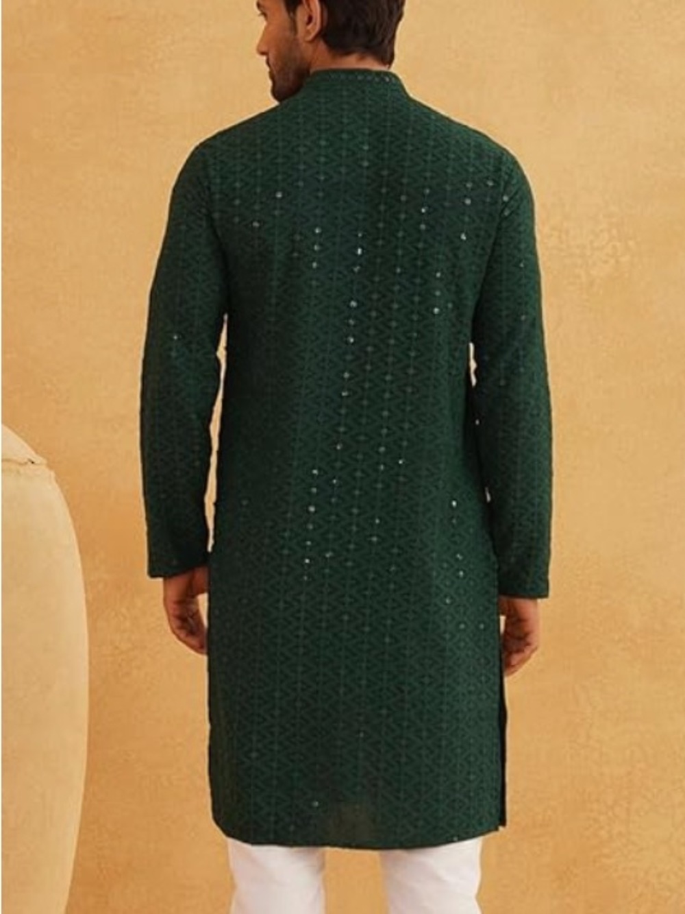 Men's Dark Green Embroidered Kurta sequined - Classic Festive Wear - Picture 4 of 8